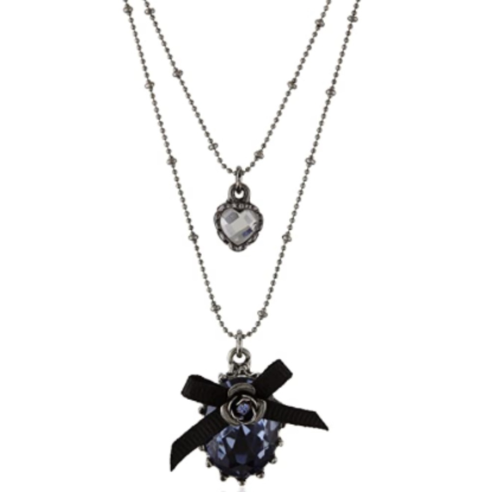 🌿Betsey Johnson Blue Crystal Heart Rose Ribbon Bow Layered Necklace🌿